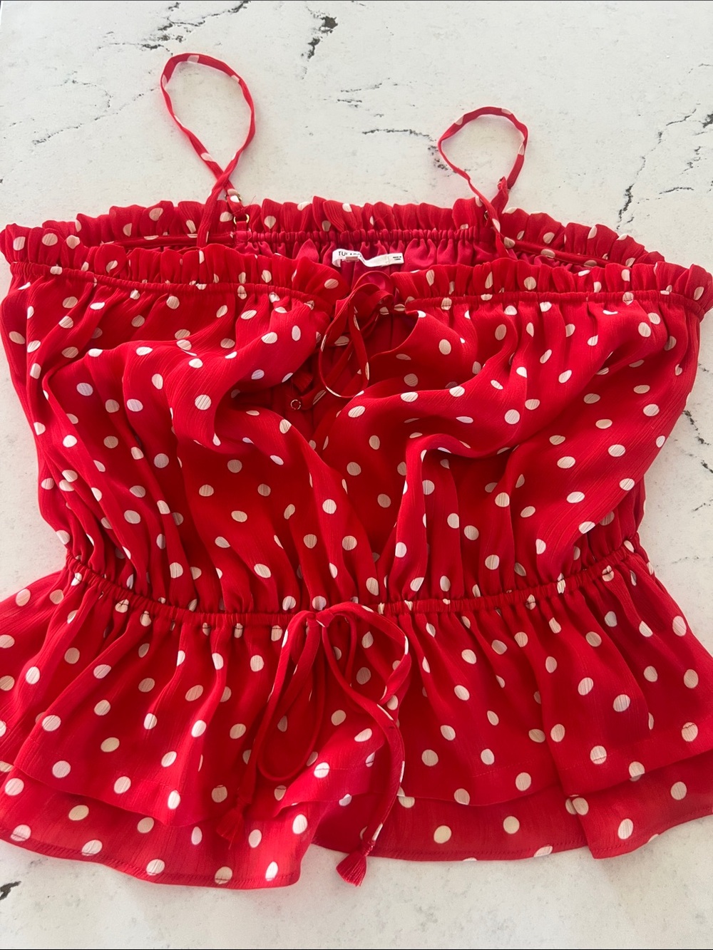 Tularosa Red Polka Dot Spaghetti Strap Peplum Top size M. So cute!